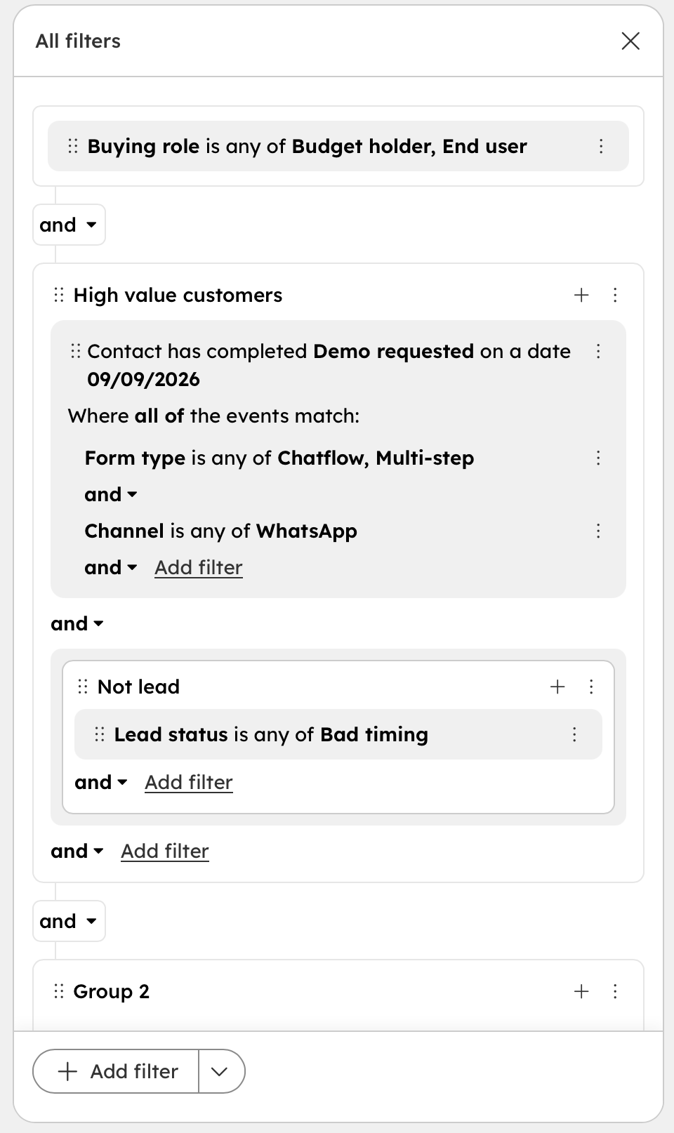 Unified filter editor combining property, event, and association conditions