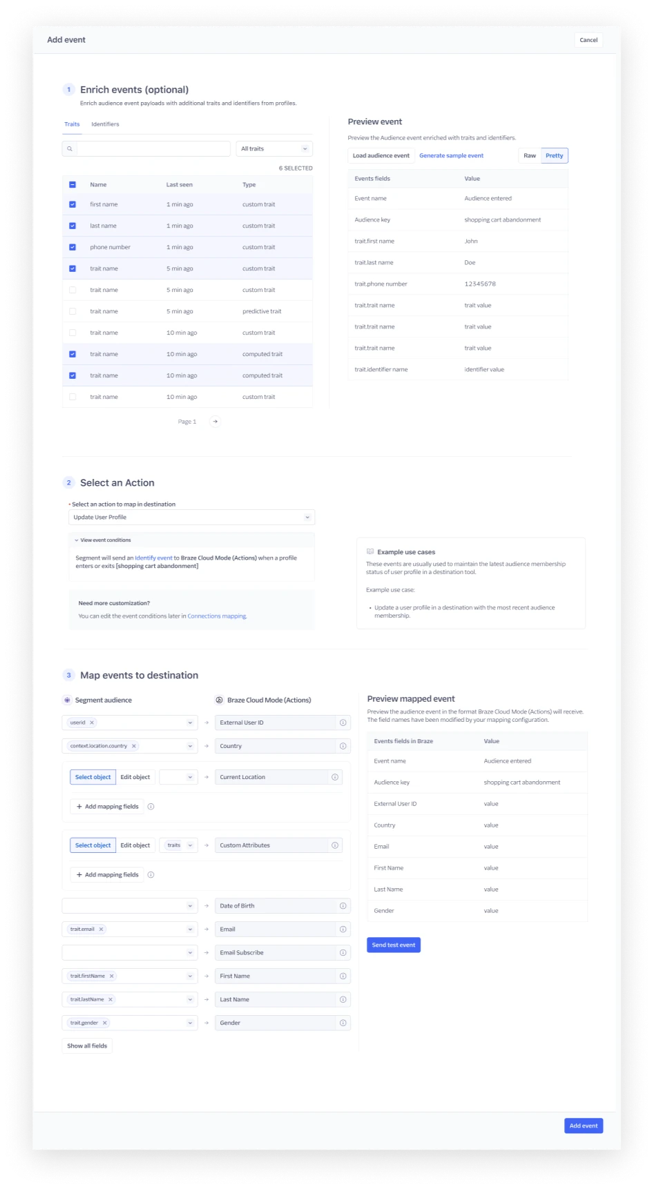 After: enrich, select an Action and map events on one page.