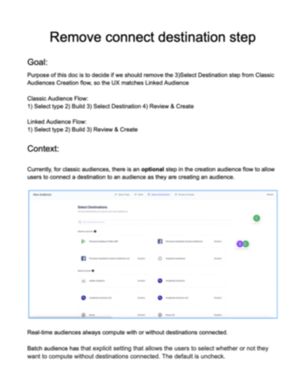 Proposal doc (blurred): remove the connect destination step from the classic audience creation flow.