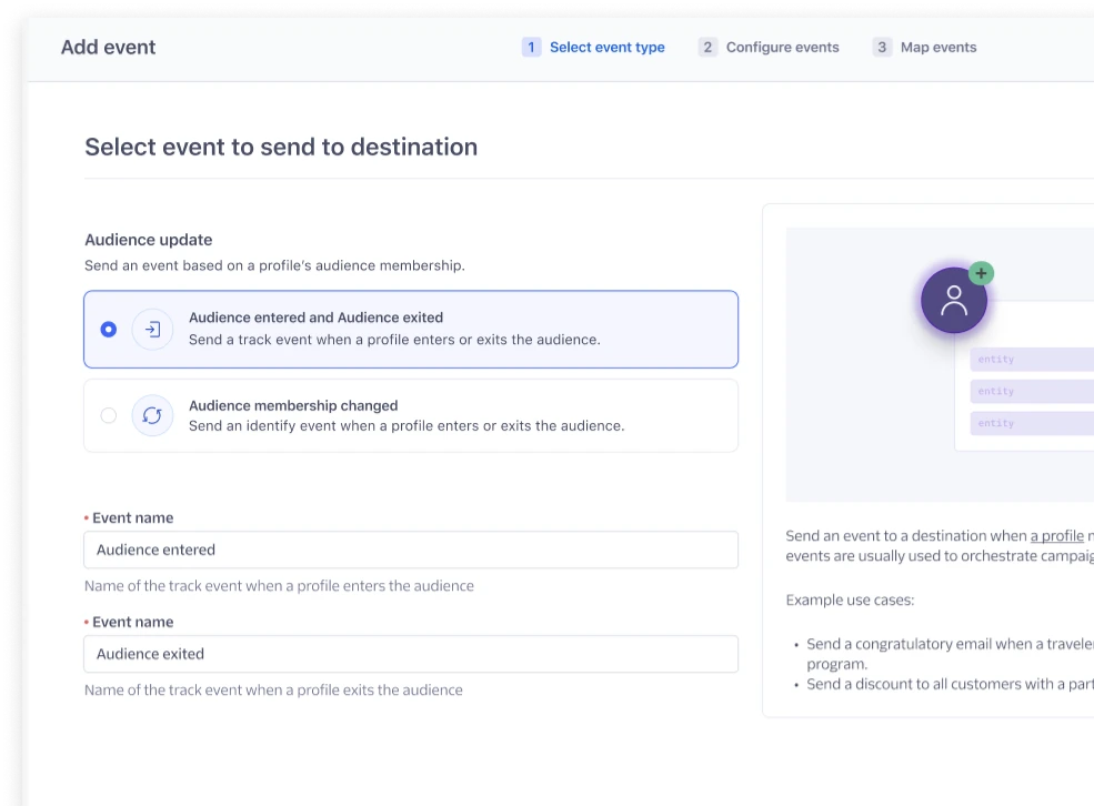 The first wizard step as presented: choose between Audience entered and exited (a track event) or Audience membership changed (an identify event).