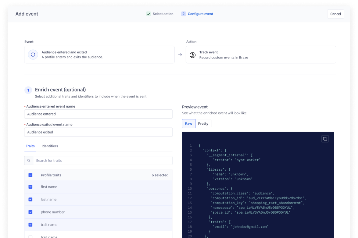 Audience activation event configuration with trait enrichment and a raw event preview