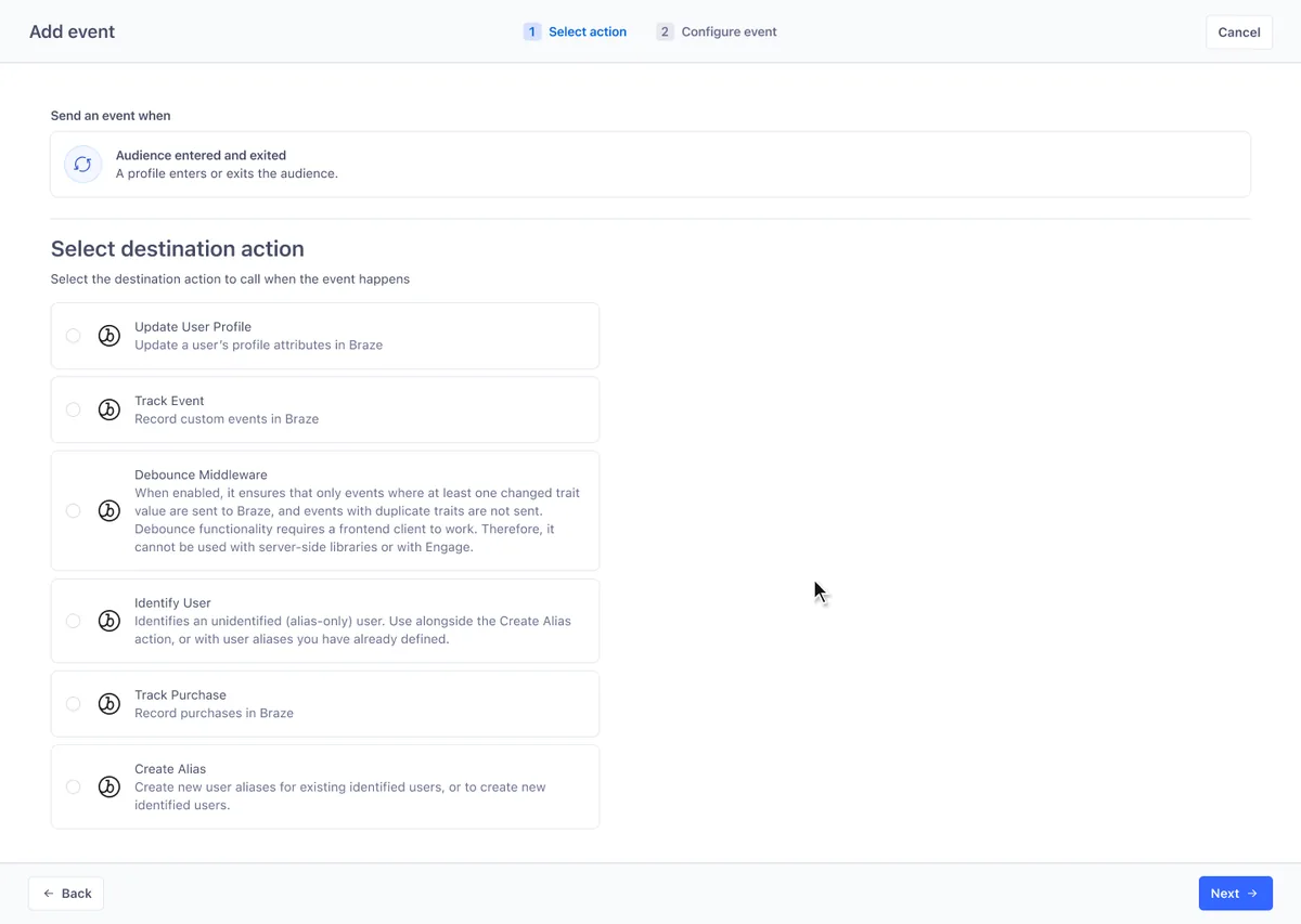 Selecting Identify User, which has no default trigger, shows the Track or Identify event type choice. Selecting Update User Profile, which has one, does not.