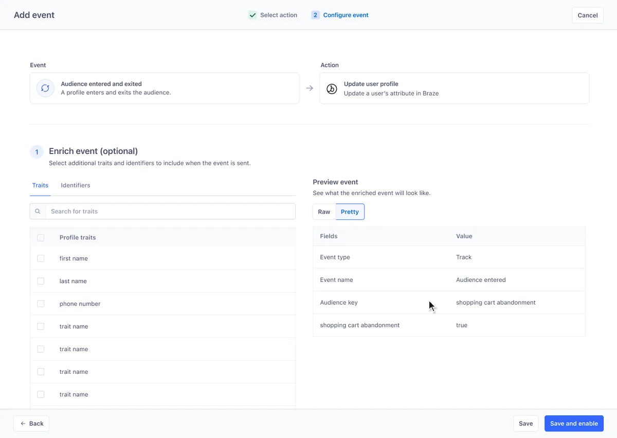 Configure event: selecting traits, switching the event preview between raw and pretty, then sending a test event to Braze, which succeeds.