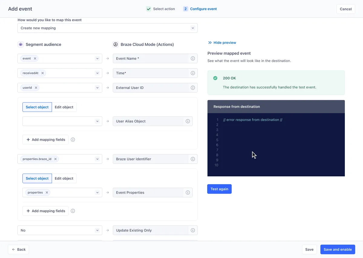 Clicking Save and enable returns to the audience with an Event successfully added message. Closing the side sheet shows the destination with one event, enabled.