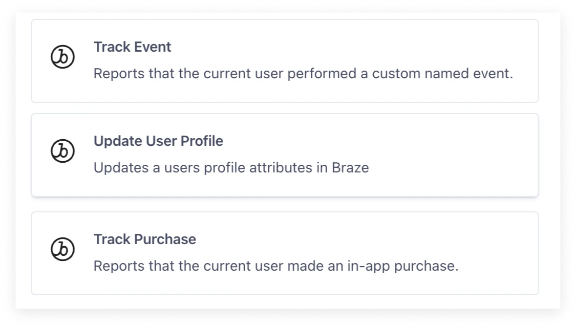 Braze Actions: Track Event, Update User Profile and Track Purchase, each with a short description.