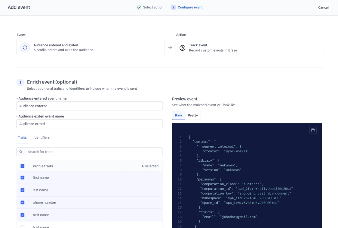 The new audience activation flow: enriching an audience event with traits next to a raw event preview.