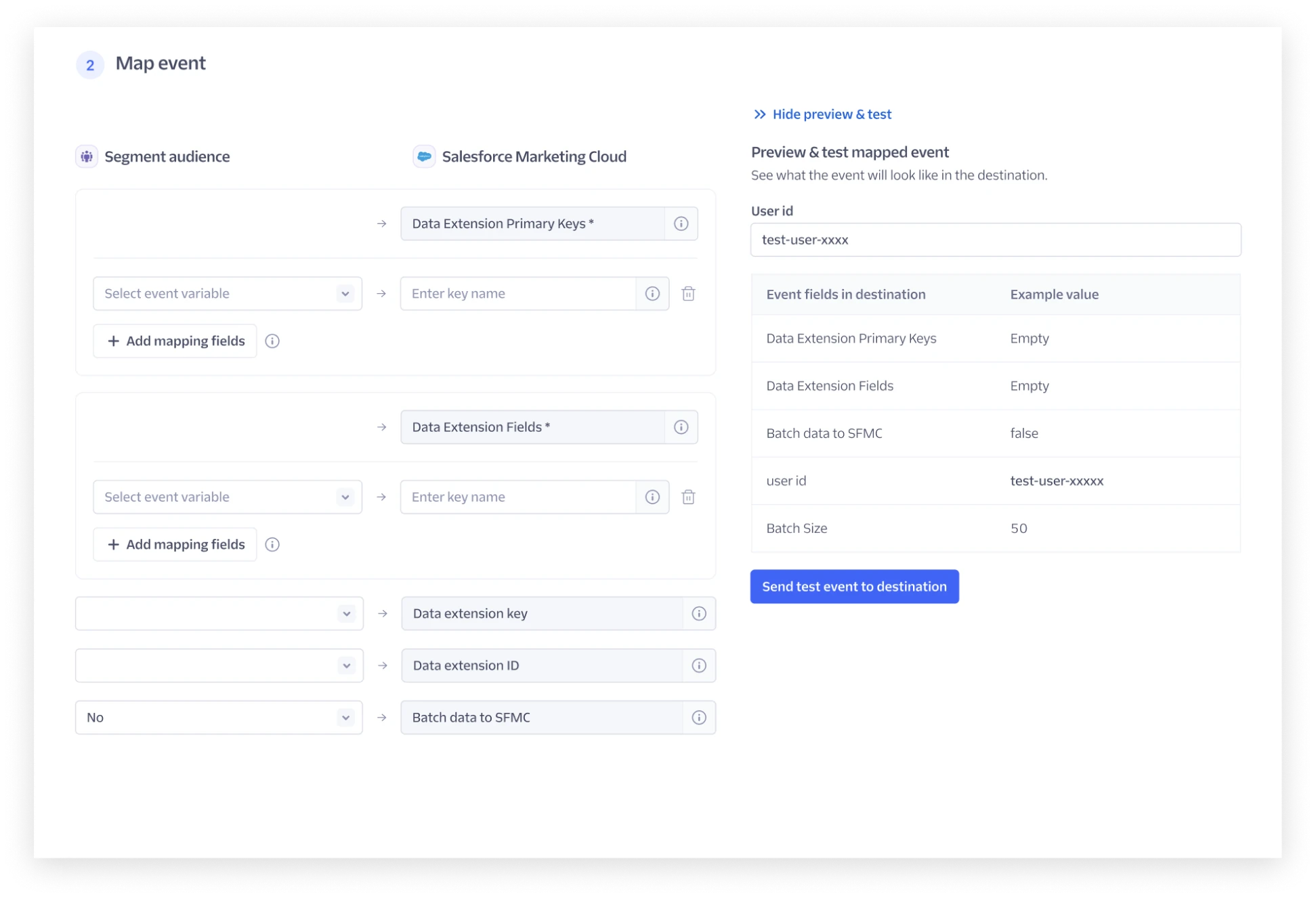 Preview and test panel with an editable user ID and a Send test event to destination button.