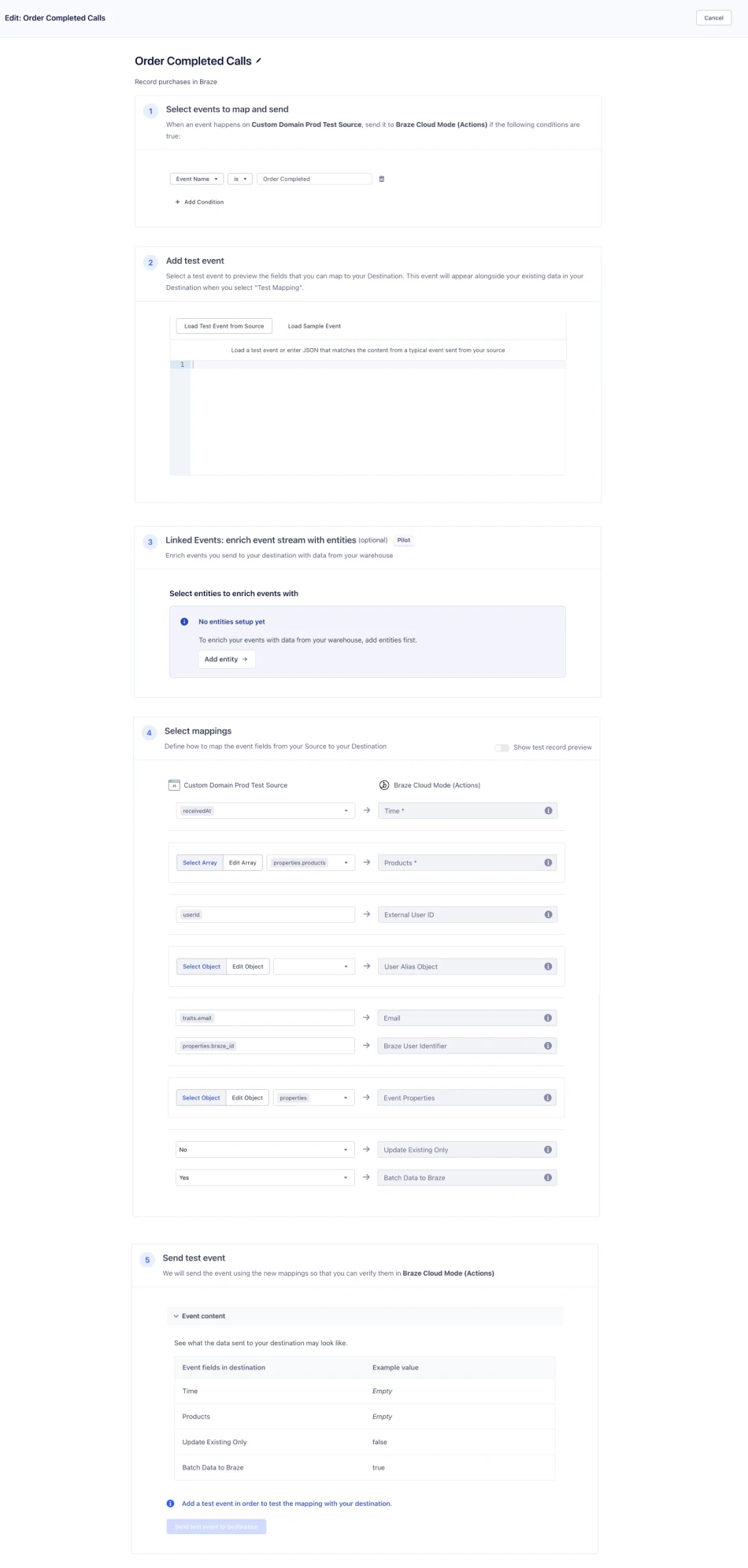 Legacy mapping page in Connections: select events, add a test event, and map fields to the destination.