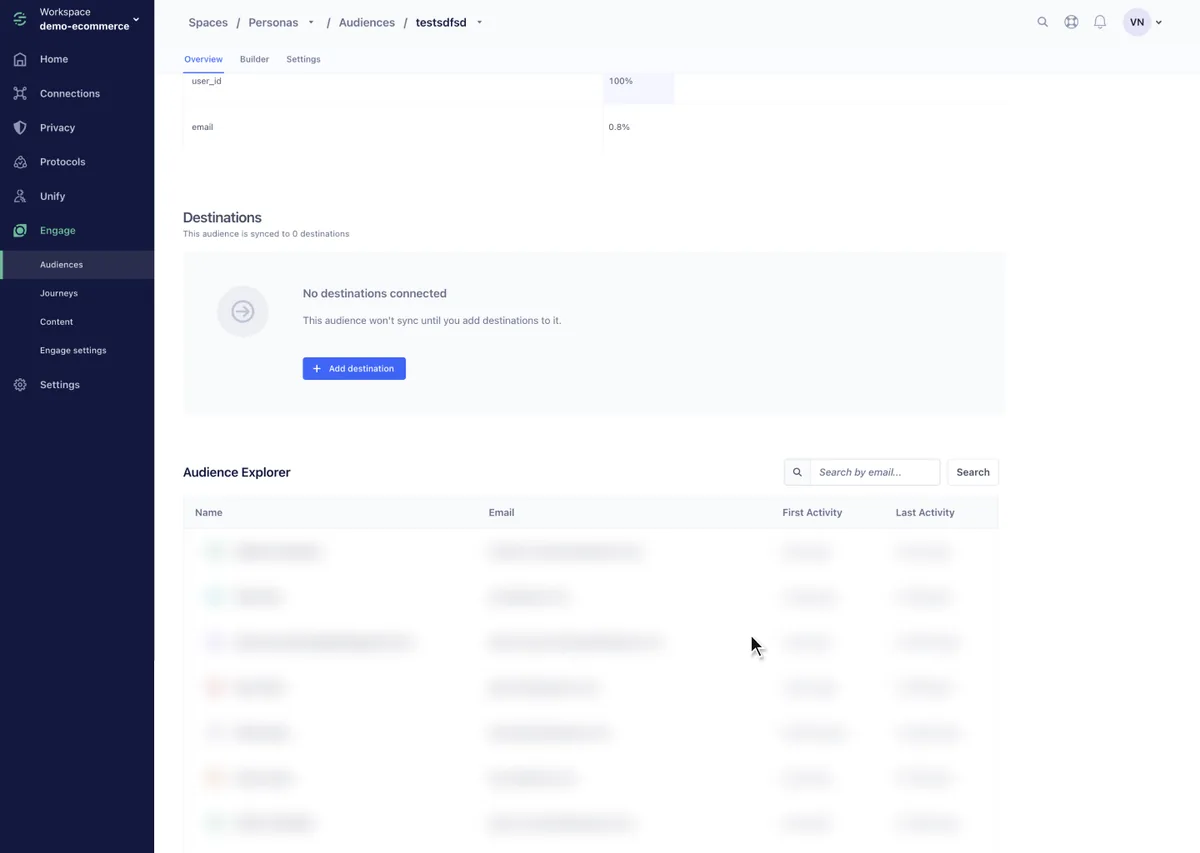 Adding a destination to an audience, then clicking Add mapping in the new Matching mappings column, which opens the destination side sheet's Matching mappings tab with a link to add mappings in Connections.