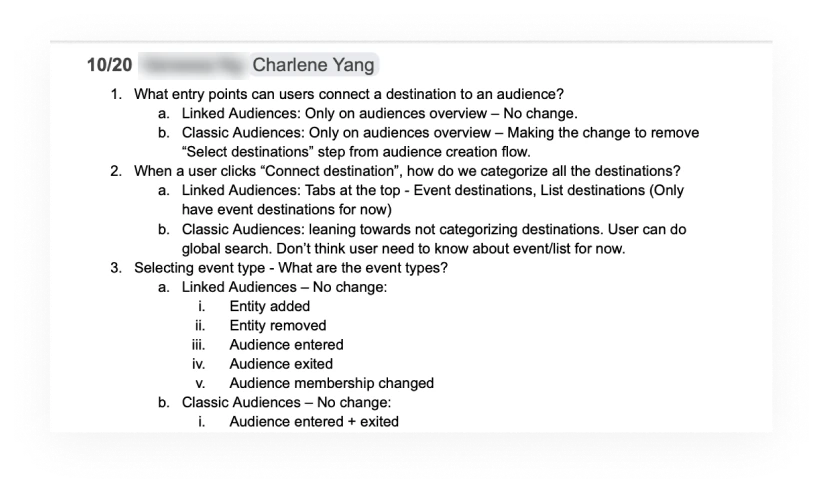 Shared decision notes comparing linked and classic audiences: entry points, destination categories and event types.