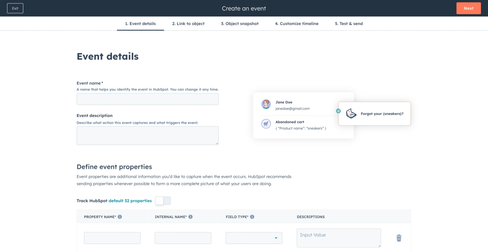 Animated walkthrough of defining an event and its properties