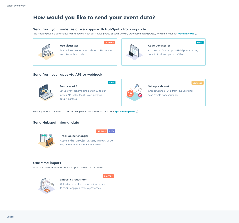 HubSpot event setup showing tracking code, API, webhook, object changes, and spreadsheet import options
