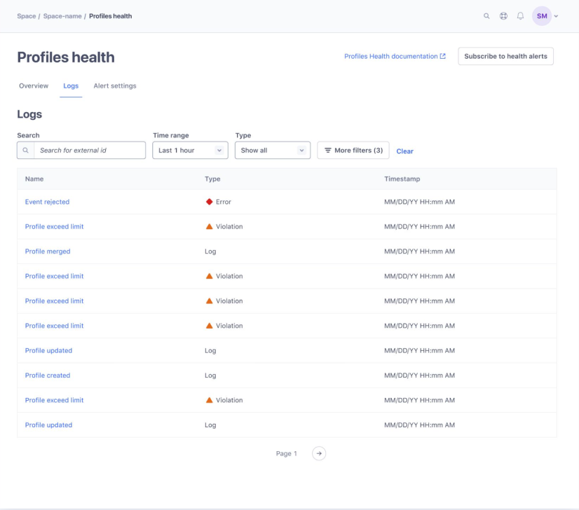 The logs page as first presented: one table mixing errors, violations and success events, with search by external ID only.