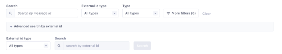 Exploration 1 with advanced search open: a second search bar and external ID type filter for searching by external ID.