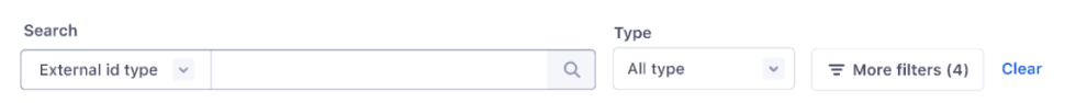 Exploration 2: one search bar with an external ID type selector built into its left side.