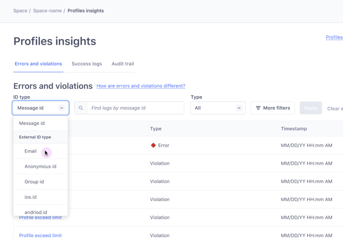 Final design: the errors and violations page with one search bar and an external ID type filter.
