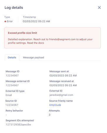 Side sheet exploration 1: event details as a two-column list under the error message.