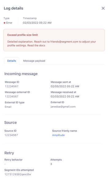Side sheet exploration 2: details grouped under Incoming message, Source and Retry.
