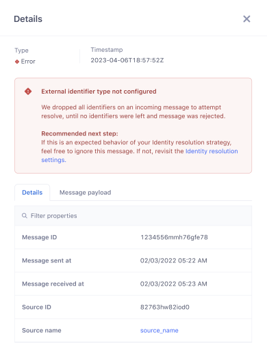 Final side sheet: the error message with a recommended next step, above a scannable table of details.